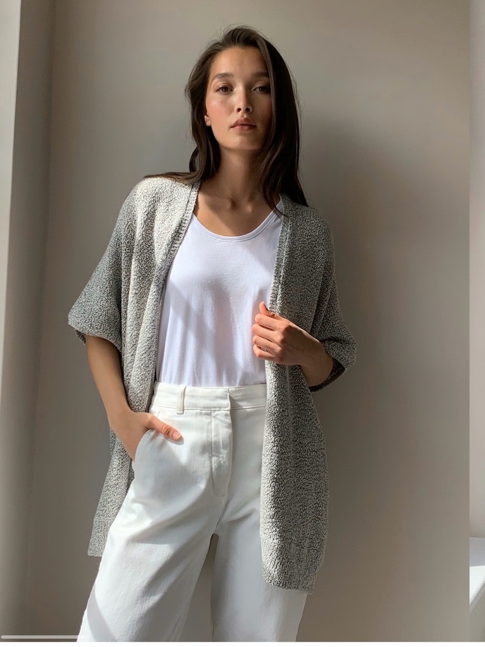 Aritzia Community Heather Light Gray Open-Front Knit Sweater